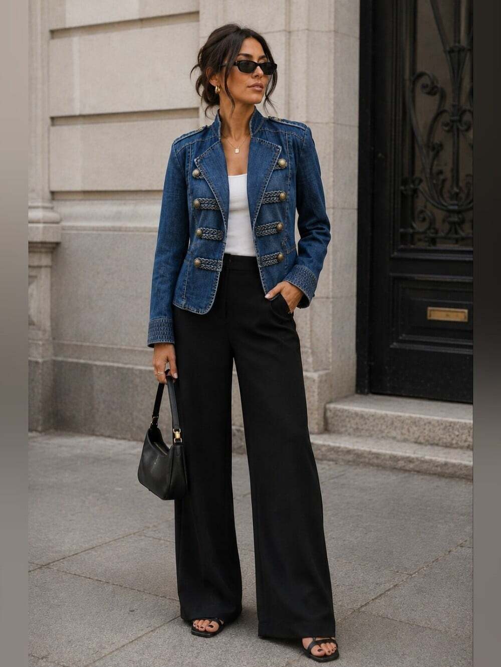 Chico's Denim Military Jacket Size 0 Blue Braided Button Blazer Stretch